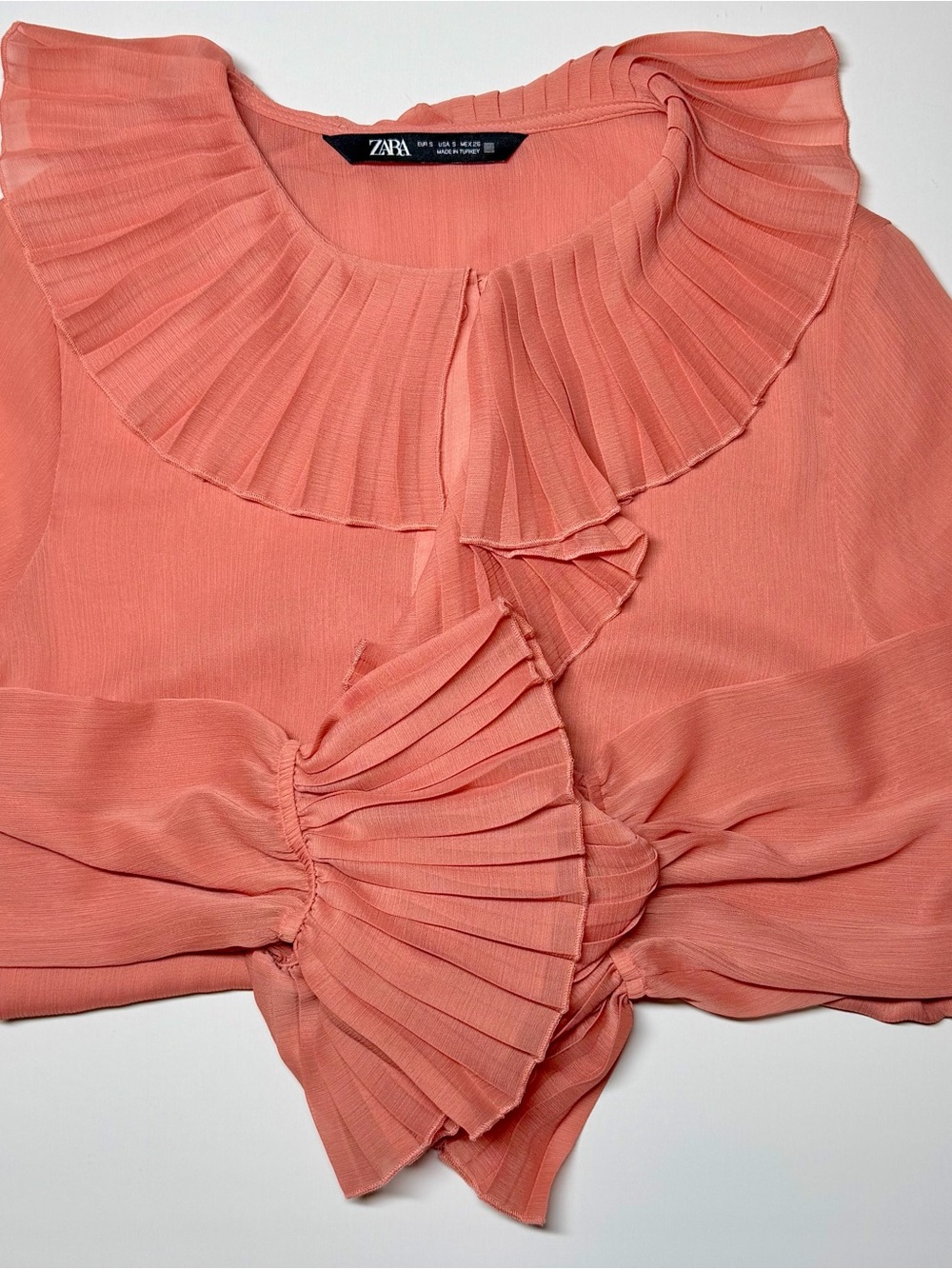 Zara Pink Pleated Ruffle Sheer Chiffon Blouse Women’s Small Feminine Top